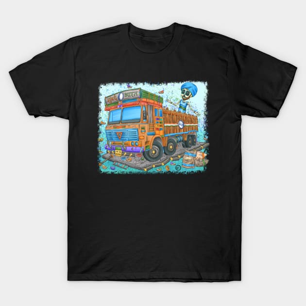 Indian Trucker Skeleton - Dia De Los Muertos - Colorful Indian Truck Paint T-Shirt by Scriptnbones